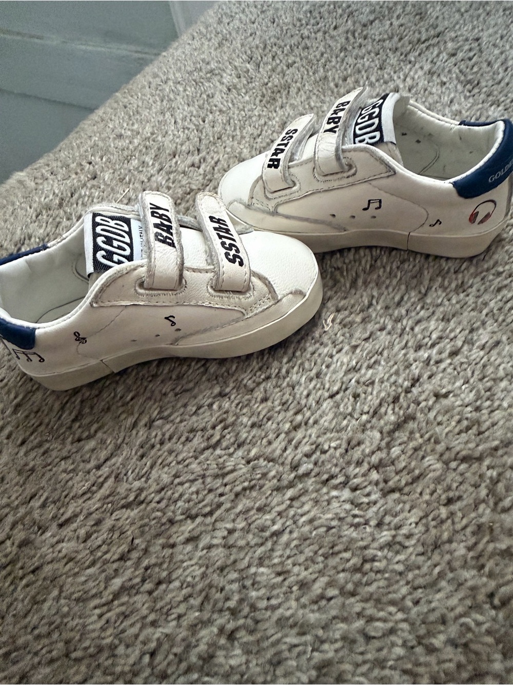 Golden Goose White Kids Sneakers with Navy Heel and Black Accents